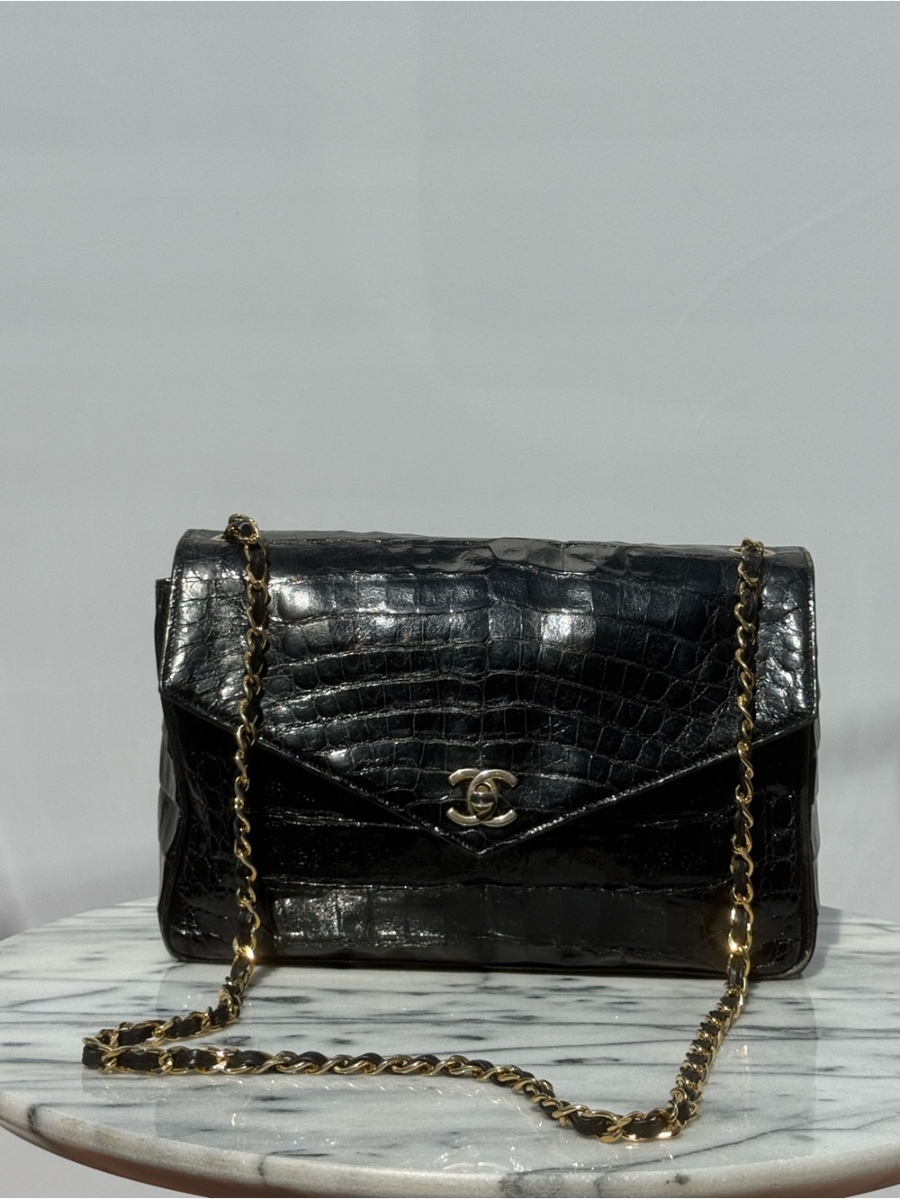Vintage Chanel Black Crocodile Large Flap Shoulder w/ Gold HDW 1986-88, 0 Series